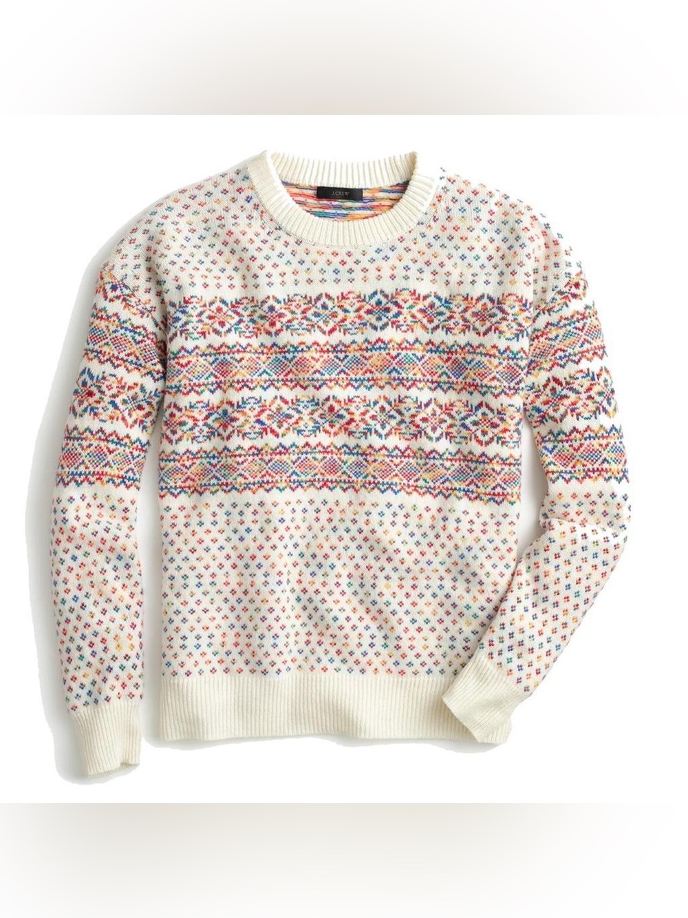 J. Crew Cream Fair Isle Crewneck Sweater with Multicolor Holiday Pattern